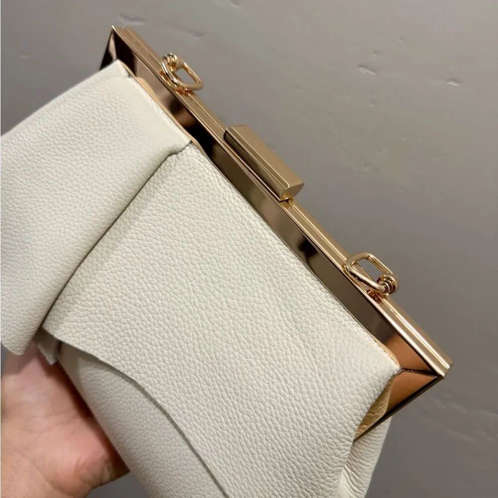 Ivory Pebble Leather Handmade Asymmetrical Ruffles Metal Frame Clutch/Crossbaody - Picture 13 of 16